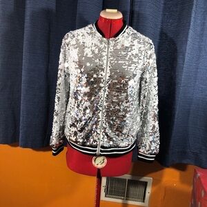 wonder nation Silver Sequin Bomber Jacket with Contrast Trim